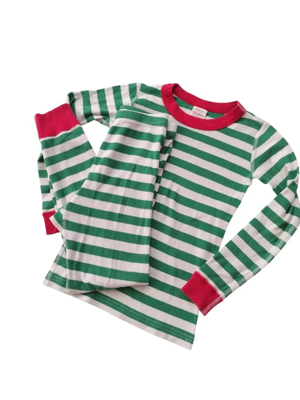 Hanna Andersson Christmas Stripe Pajamas Sz 6-7 Green White Long John Cotton Pjs